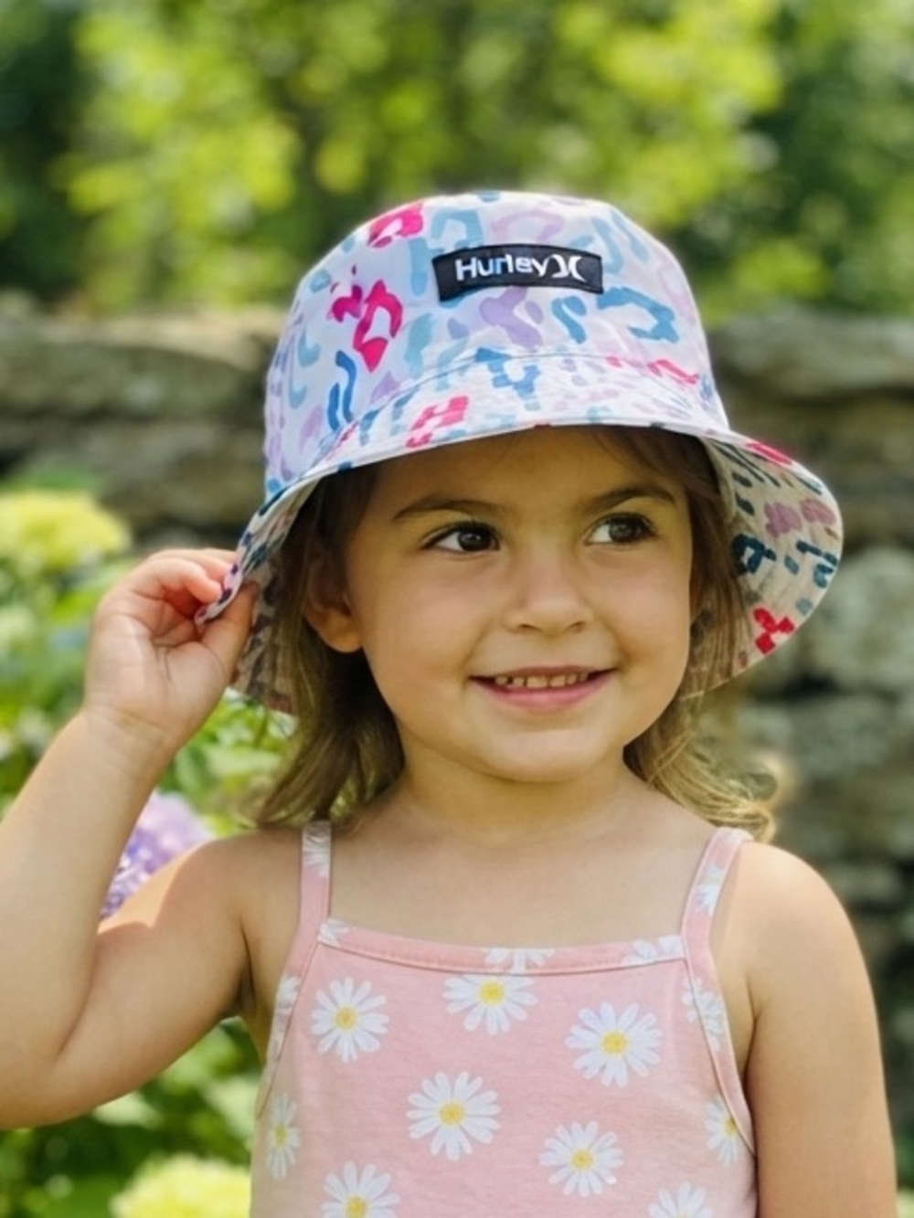 Hurley Kids White Bucket Hat with Pink, Teal, Purple Leopard Print